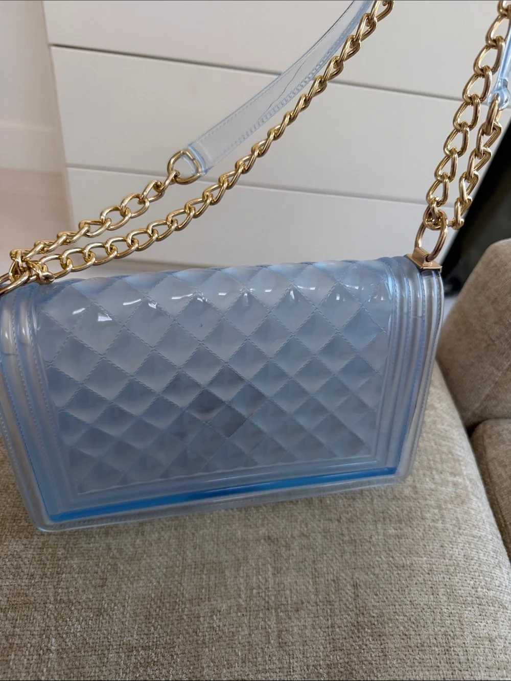 Clear Quilted Stadium Shoulder Bag with Gold Accents